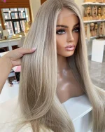 Women Long Ash Blonde 13x4 Lace Front Wigs Real Remy Human Hair Wigs Glueless