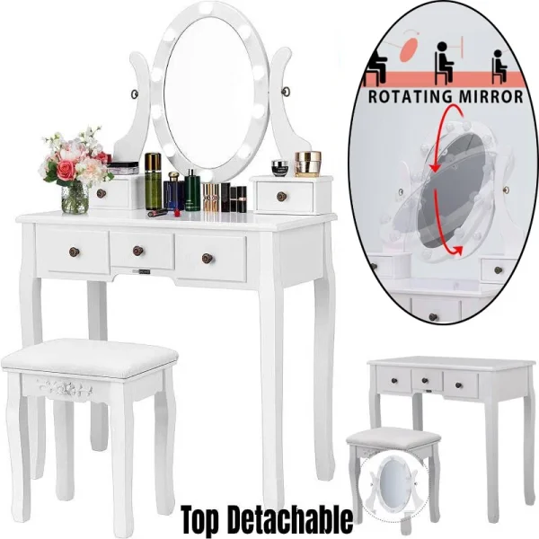 Vanity Set Makeup Dressing Table w/ 10Led 360° Rotating Lighted Mirror 5 Drawers