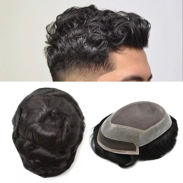Mens Toupee Human Hair Replacement System French Lace Front Hair Piece