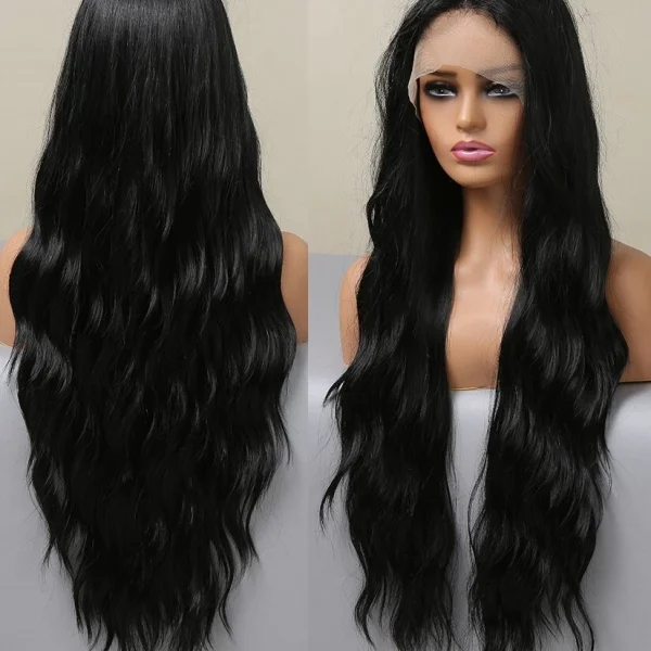 Glue Less Lace Front Wig Heat Resistant Synthetic Hair Natural Long Wavy Black