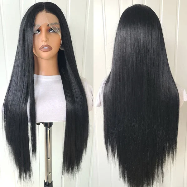Layered Glue Less Lace Front Wig Synthetic Hair Black Long Straight