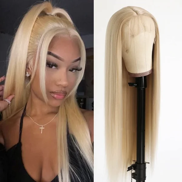 Women Long Lace Front Blonde Wigs Synthetic Hair Straight Wig Heat Safe Natural
