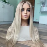 Heat safe Synthetic Hair Frontal Lace Wigs Long Straight Highlight Blonde Soft