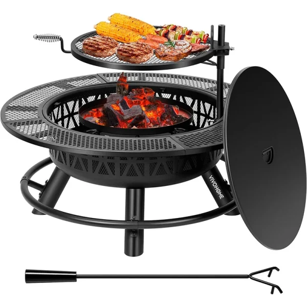 35'' Outdoor Wood Burning Round Fire Pit Barbecue Pit BBQ Backyard Fireplace