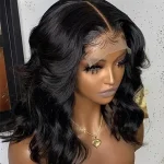 Short Black Body Wavy Synthetic Lace Front Wigs 10% Human Free Part Glueless Wig - Image 5